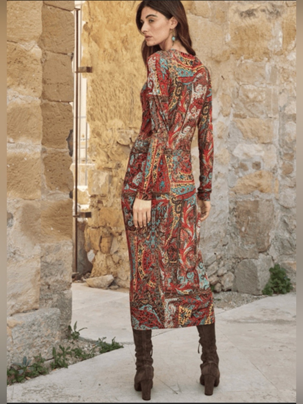 Peruvian Connection Montallergo Long Sleeve Maxi Dress Paisley Red Womens XL